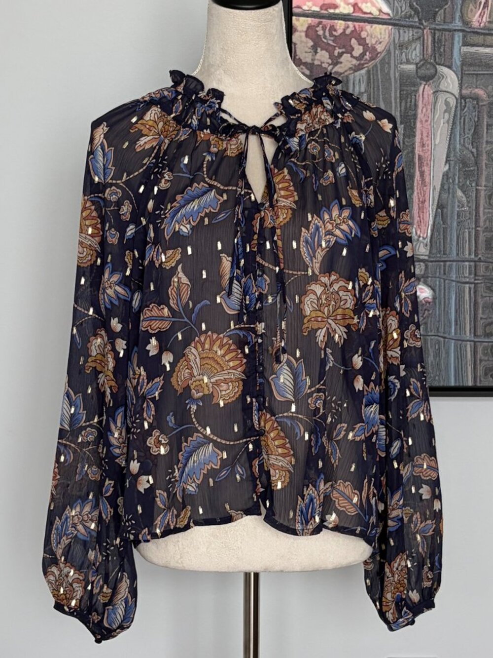NWT Tamara H Blue Paisley Print Peasant Blouse L